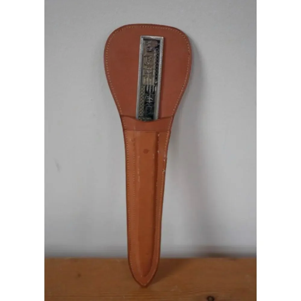 Vintage Mid Century Ethnic Stainless Letter Opener Ruler Knife w/ Leather Case